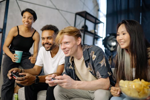 Diverse group of friends having fun gaming together in a cozy indoor setting.