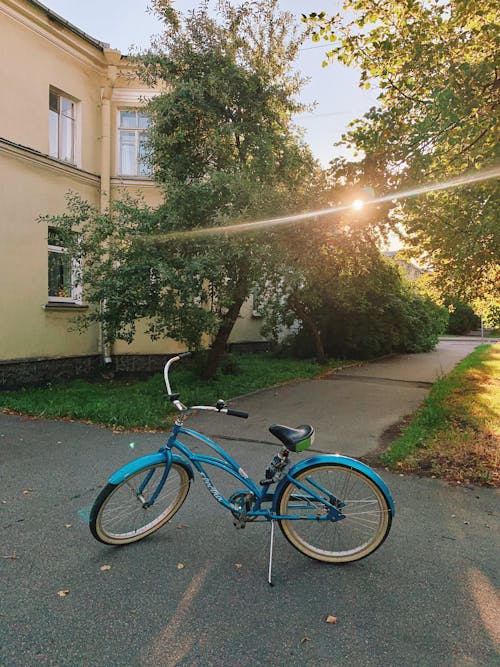 Blue City Bike Parked Beside Green Tree