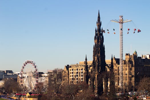 Scenic Edinburgh cityscape with Scott Monument and Ferris wheel in daylight.