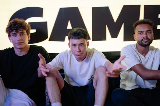 Three young adults in casual attire posing confidently in front of a gaming screen.