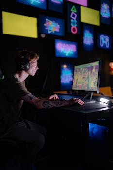 Young man gaming with headphones and tattoos in a dimly lit room, focused on his monitor.