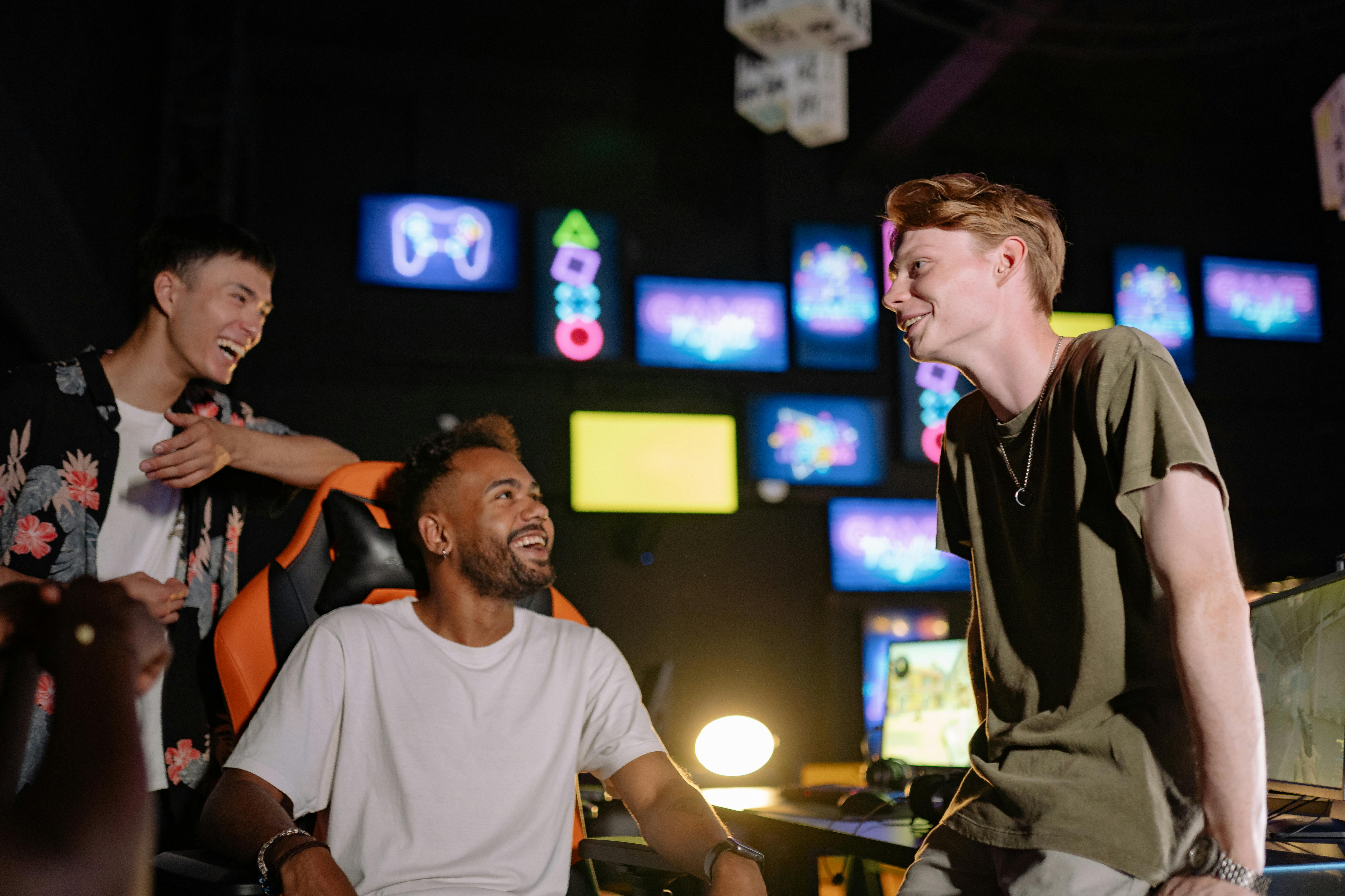 group of gamers smiling in a meeting