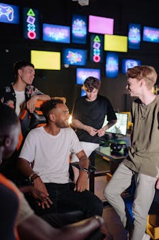 Group of young male gamers socializing in a vibrant gaming lounge.