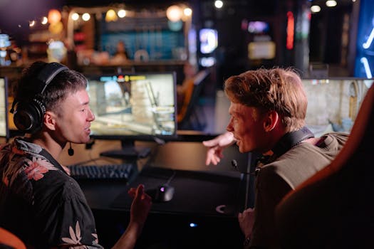 Two young men enjoying a lively video game session in a dimly lit gaming arena.