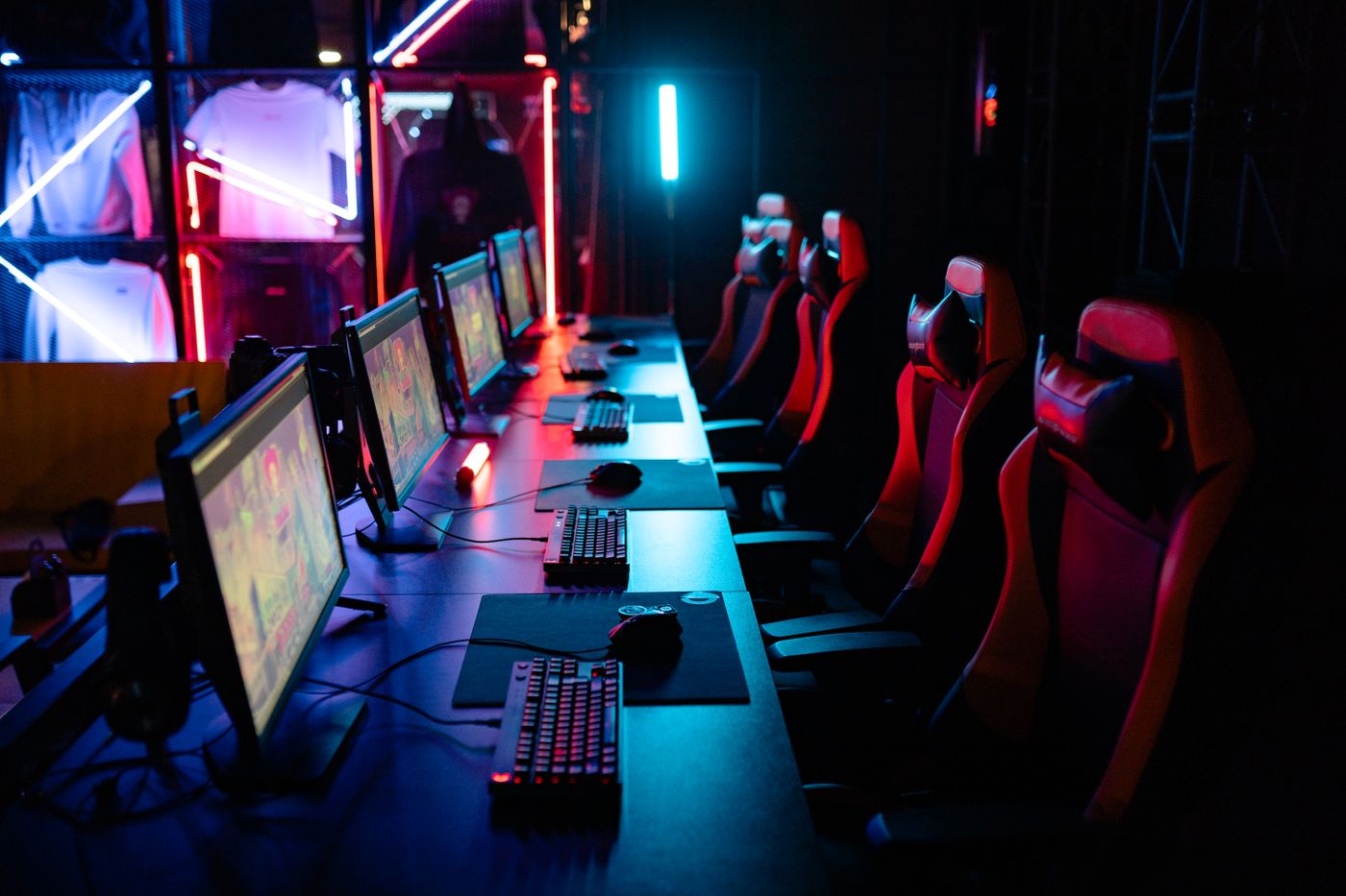 Gaming house with RGB-lit workstations
