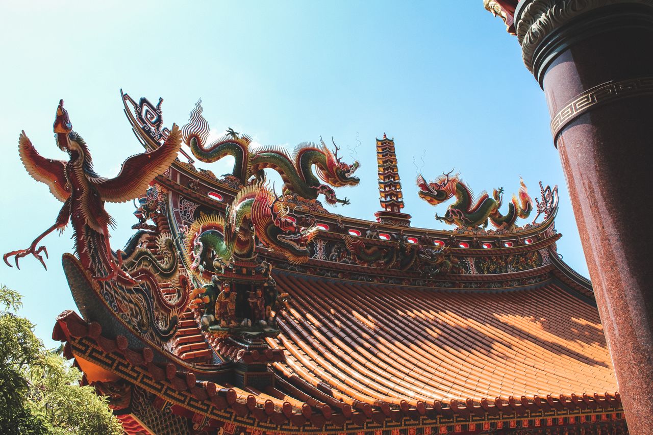 traditional temple roof in taipei adorned with colorful dragon sculptu