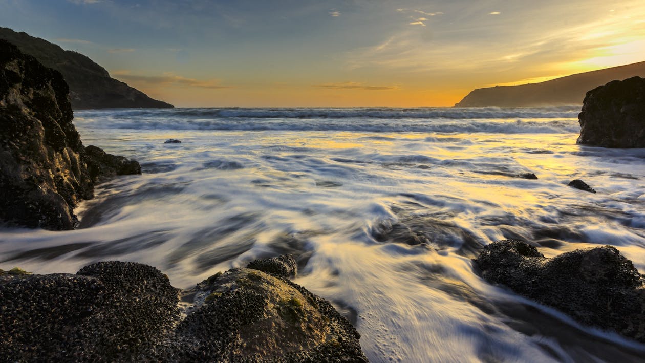 무료 일몰시 바닷물로 둘러싸인 암석 스톡 사진
