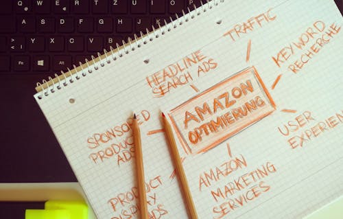 Free Visual representation of Amazon optimization techniques with handwritten notes and pencils. Stock Photo