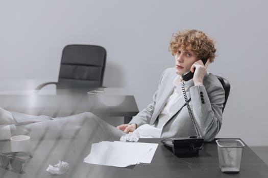 Caucasian man in a gray suit sitting at an office desk, speaking on the phone with legs on the table.