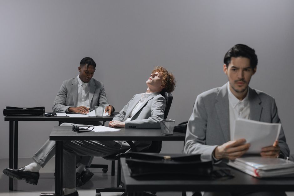 Professionals in gray suits engage in a business meeting at an office. Professionals in gray suits engage in a business meeting at an office.