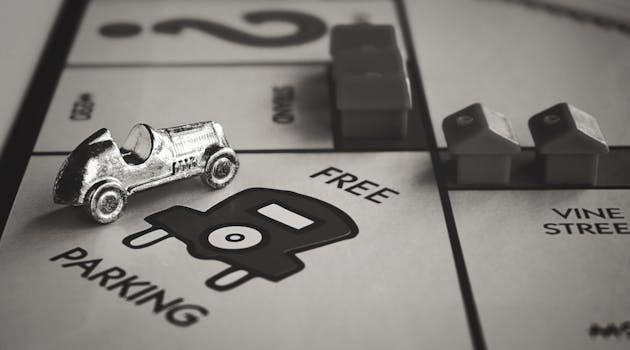 Stylized black and white close-up of Monopoly game pieces on the Free Parking space.