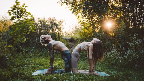 Free A couple performs yoga poses together in a serene outdoor setting at sunset, enhancing wellness and connection. Stock Photo