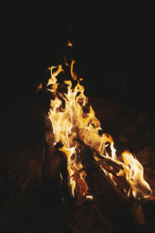 Free A mesmerizing campfire flickering in the dark Canadian night, creating a warm glow. Stock Photo