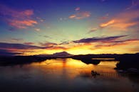 马来西亚沙巴州图阿兰河上，迷人的日落映照着充满活力的天空和倒影