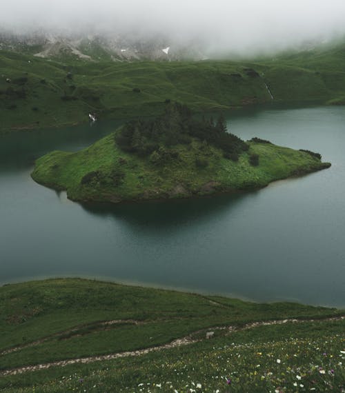 Aerial Photography of Mountain Lake 