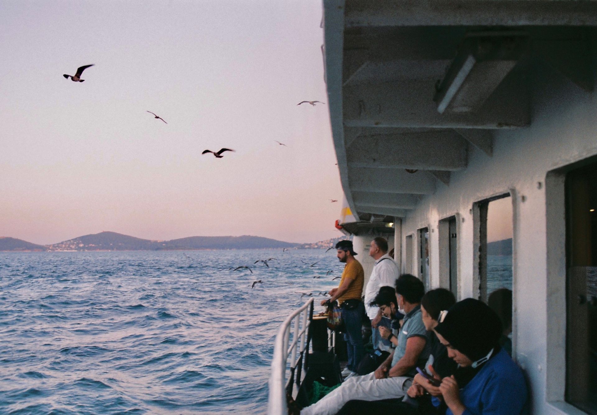 Passengers enjoy a scenic ferry ride at sunset with flying birds over the sea.