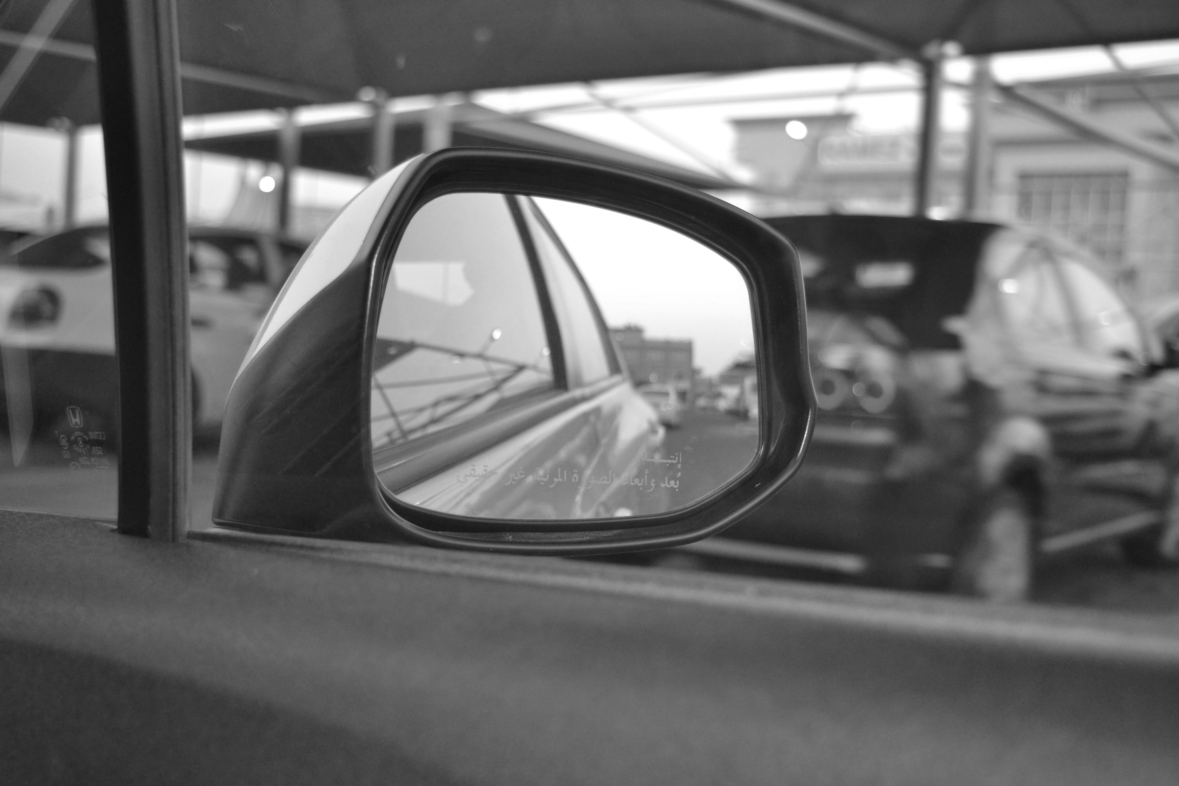 Free stock photo of black and white, car mirror, mirror