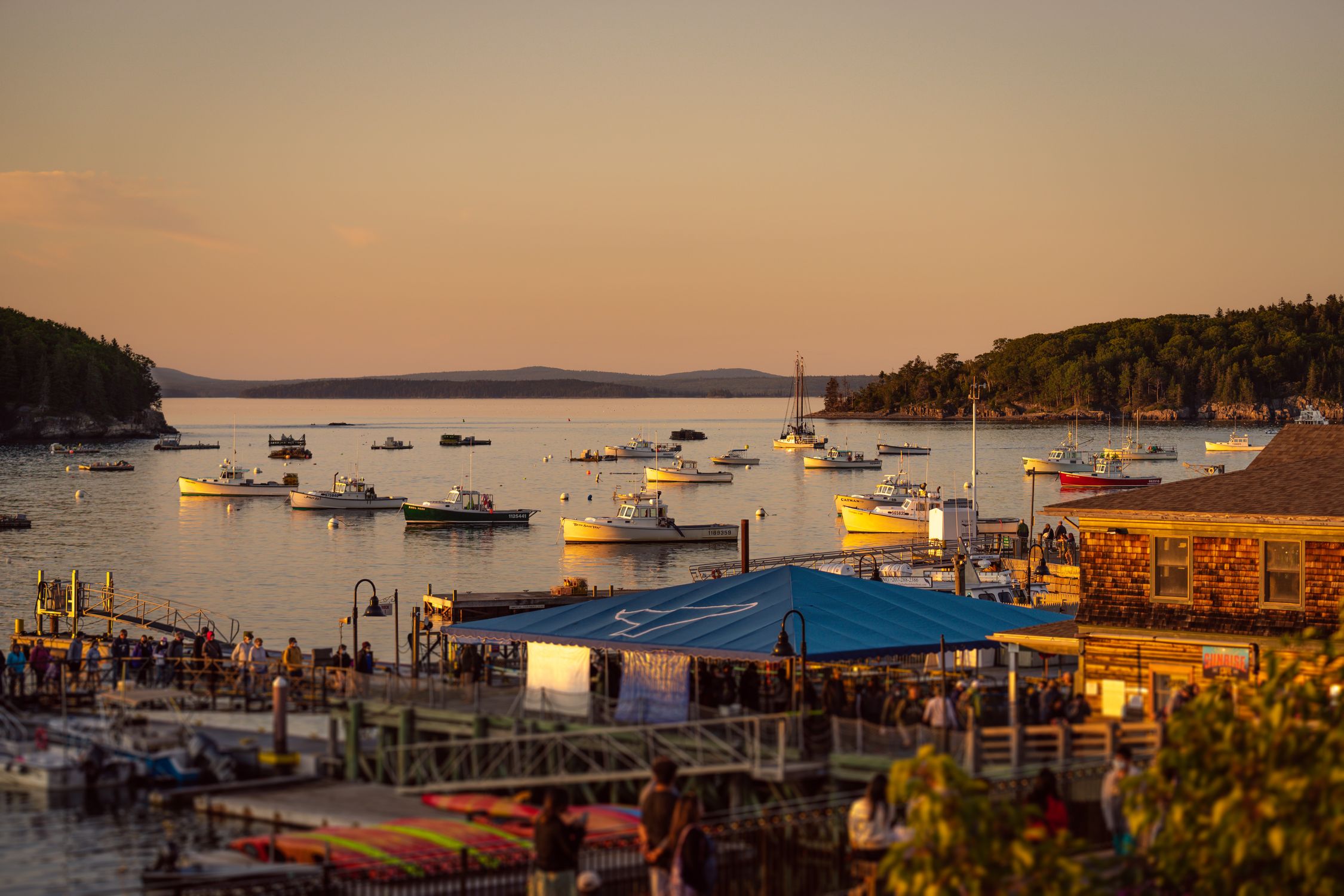 A picturesque view of boats anchored in a harbor during sunset, capturing the essence of coastal serenity.