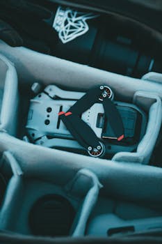 A close-up view of a compact drone secured in a protective case, ideal for travel or photography.