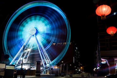 Time Lapse Photography of Blue Lighted Ferries Wheel