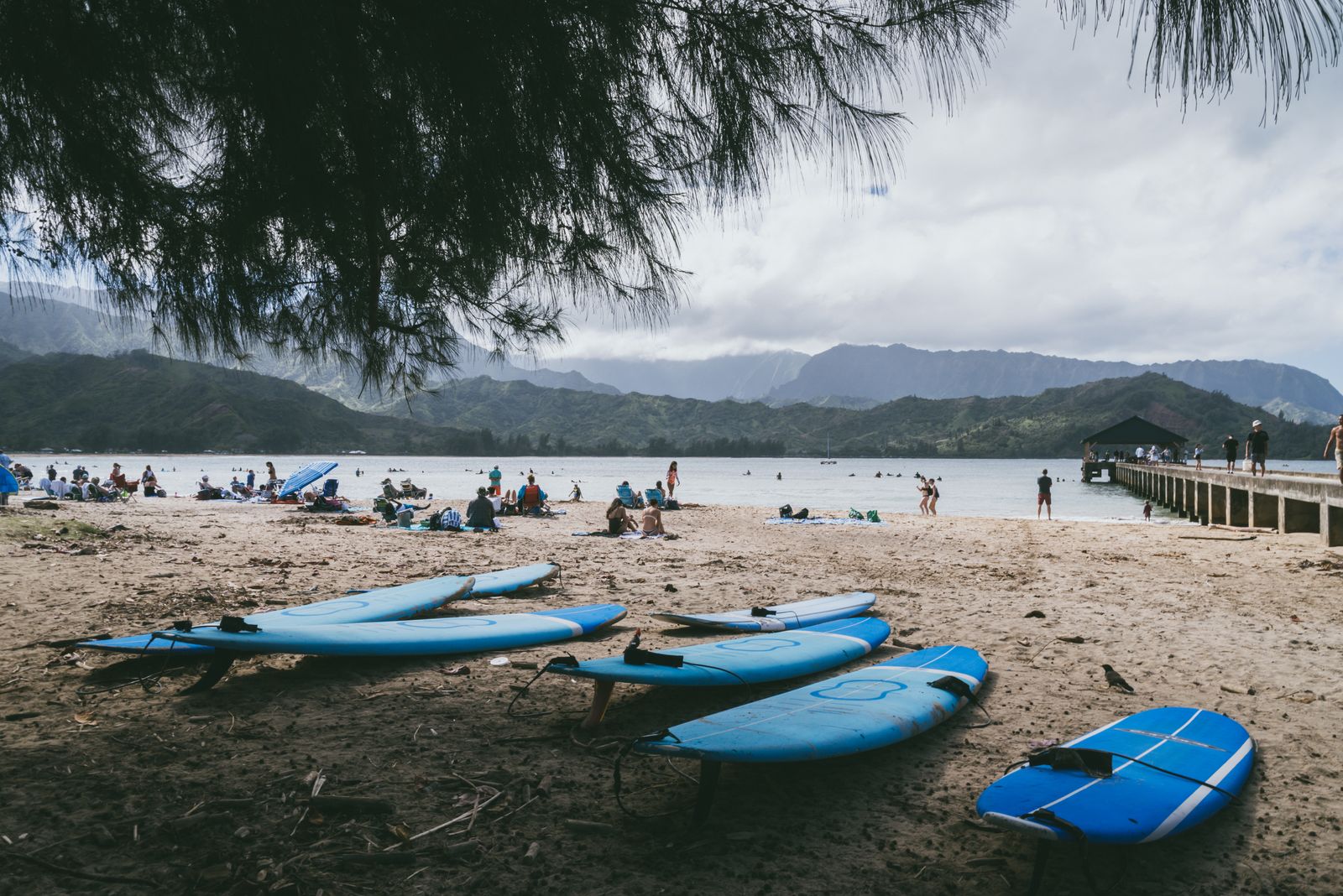Paddleboards on the beach at Hanalei Bay