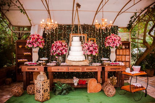 A Wedding Cake on a Wooden Table