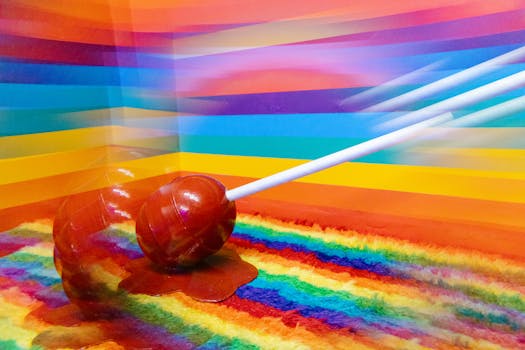 Colorful lollipop on a vivid rainbow background, melting slightly, evoking joy and childhood memories.