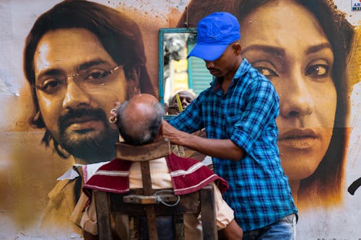 A street barber in blue cap gives an elderly man a haircut beside a vibrant graffiti wall.