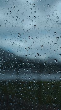 Close-up of raindrops on glass, capturing a moody and serene atmosphere with a blurred outdoor background.