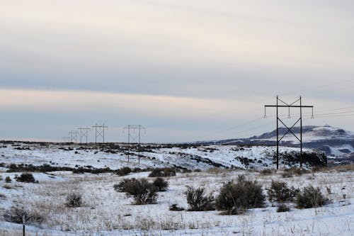 Landscape Photography of Snow-coated Ground With Utility Posts