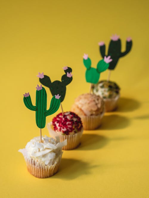 Free Cupcakes With  Green and Black Cacti Stock Photo