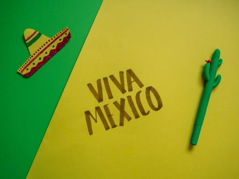 Colorful Viva Mexico scene featuring sombrero and cactus for Mexican celebration.