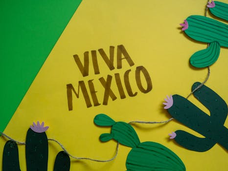 Colorful Viva Mexico banner with cactus paper art, ideal for Mexican celebrations.