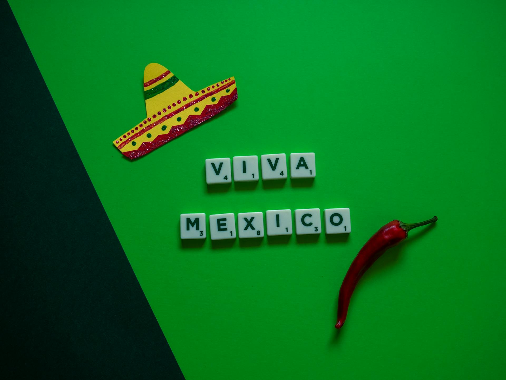 Colorful Mexican-themed image featuring a sombrero, Viva Mexico text, and chili pepper on green background.