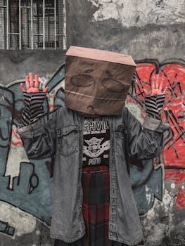 A person with a paper bag over their head poses in front of a graffiti-covered wall.