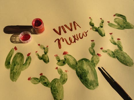 Watercolor painting of cacti with 'Viva Mexico' text, celebrating Mexican culture.