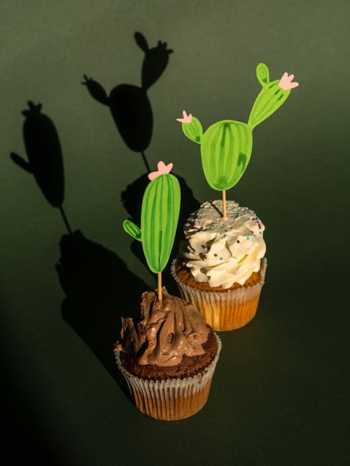 A Close-Up Shot of Cupcakes with Cactus Cutouts