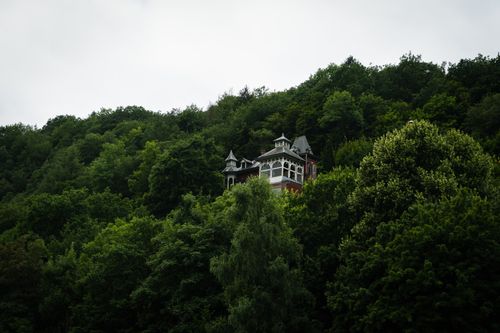 Free Picturesque view of a secluded villa nestled in the lush forested hills of La Roche-en-Ardenne, Belgium. Stock Photo