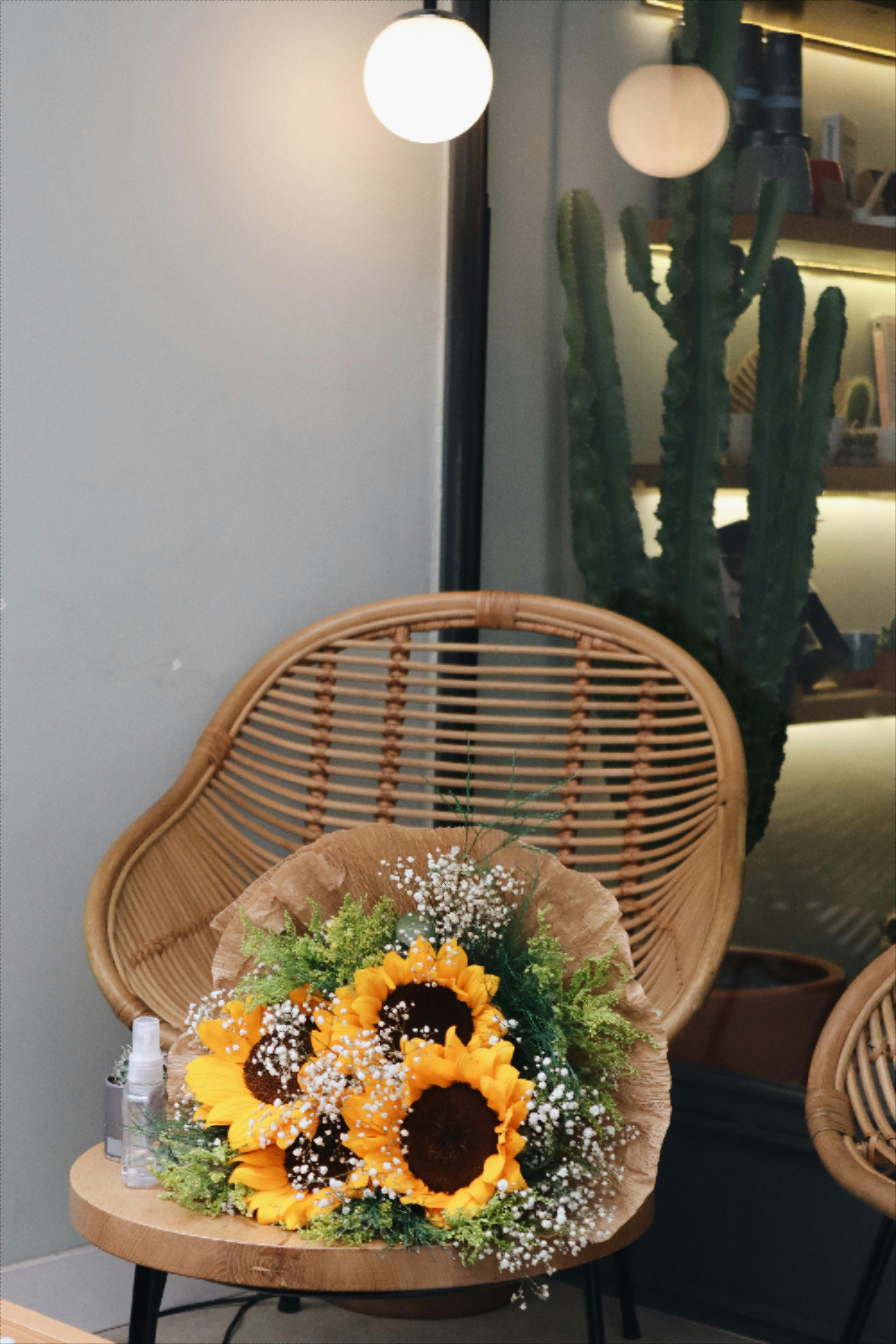 Beautiful sunflower bouquet on wicker chair indoors, capturing warm, inviting ambiance.