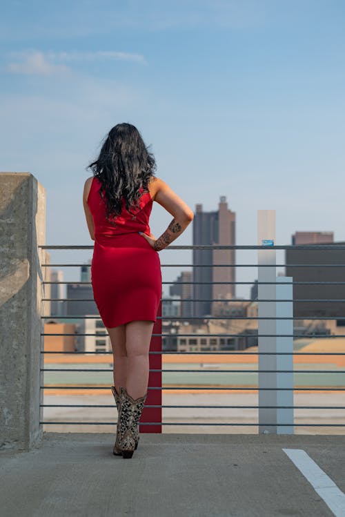 Back View of a Woman in Red Dress Standing on a Rooftop