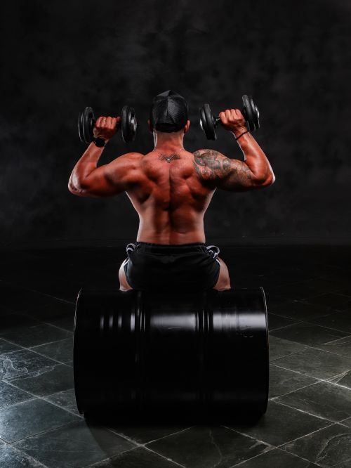 Free Back view of a muscular man lifting dumbbells indoors, showcasing strength and fitness. Stock Photo