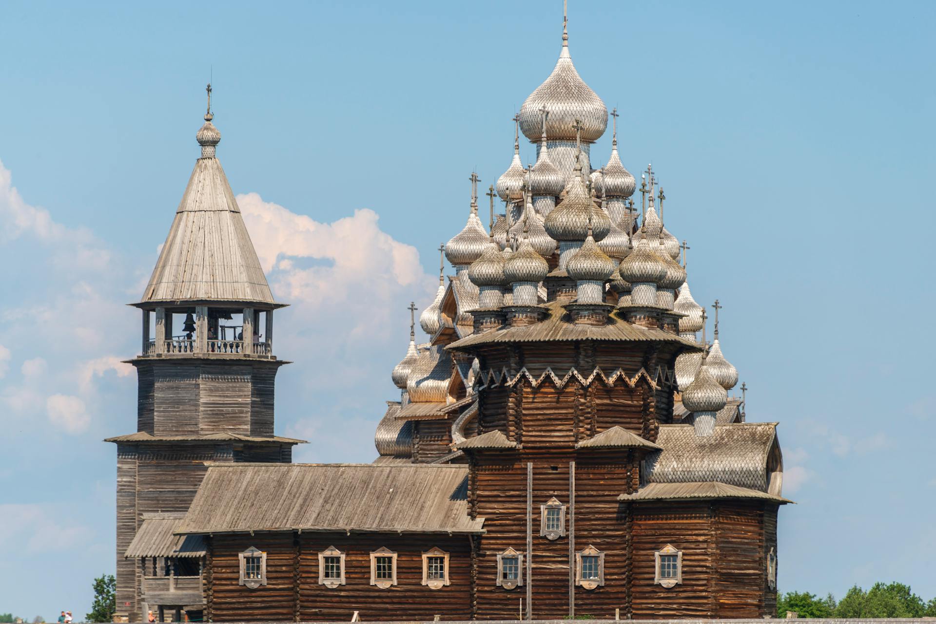 The Church of Transfiguration, a wooden architectural marvel on Kizhi Island, Russia.