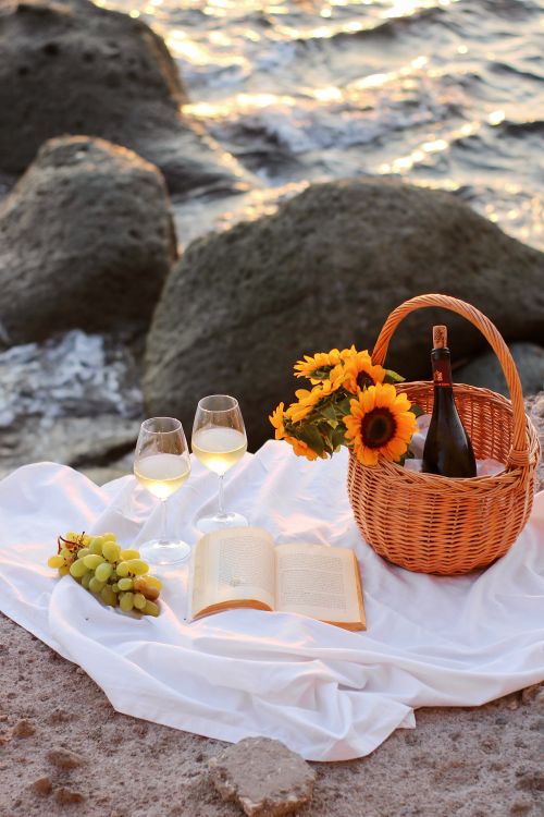 Free Charming seaside picnic setup with wine, book, and sunflowers for a relaxing outing. Stock Photo
