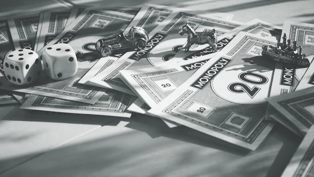 A close-up of monopoly money, dice, and game pieces in monochrome color scheme.