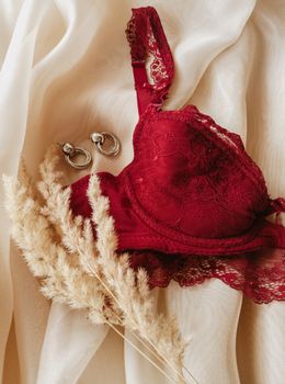 Aesthetic flat lay of a red lace bra with earrings and pampas grass on soft fabric.