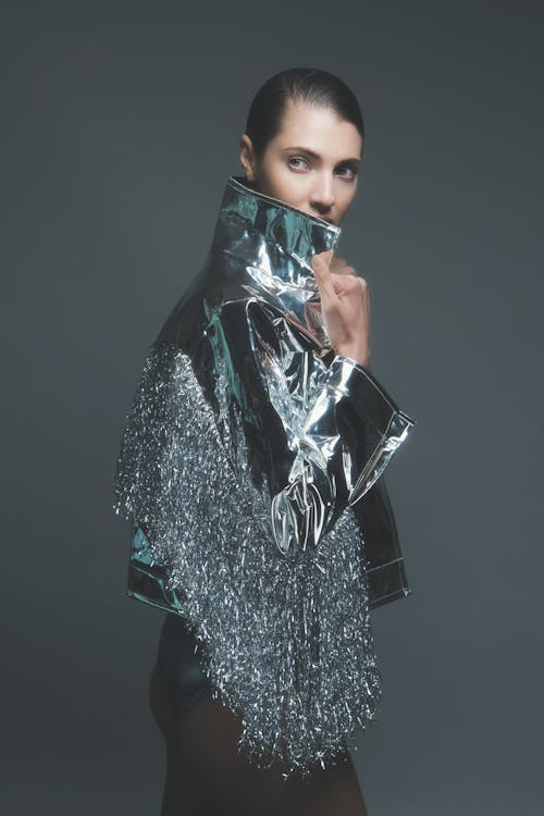 Woman Wearing a Shiny Jacket