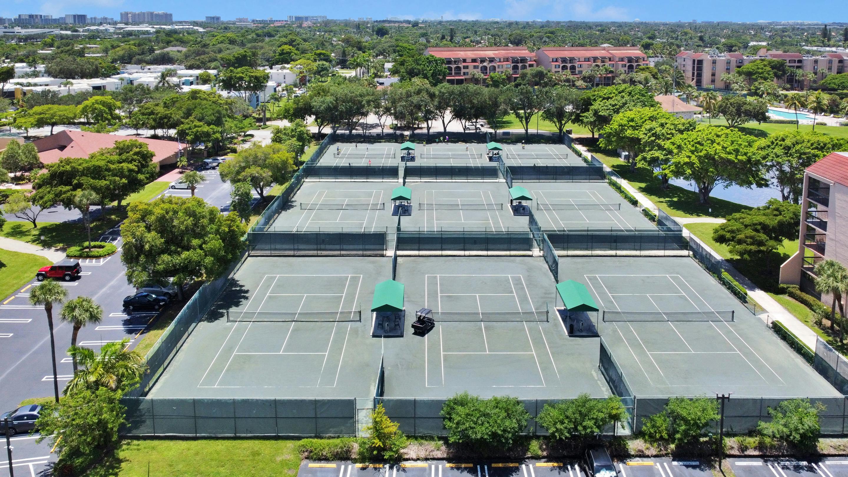 High-rise buildings overlooking urban tennis courts