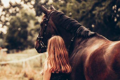 Free A redhead woman stands with her horse outdoors, enjoying a peaceful moment. Stock Photo