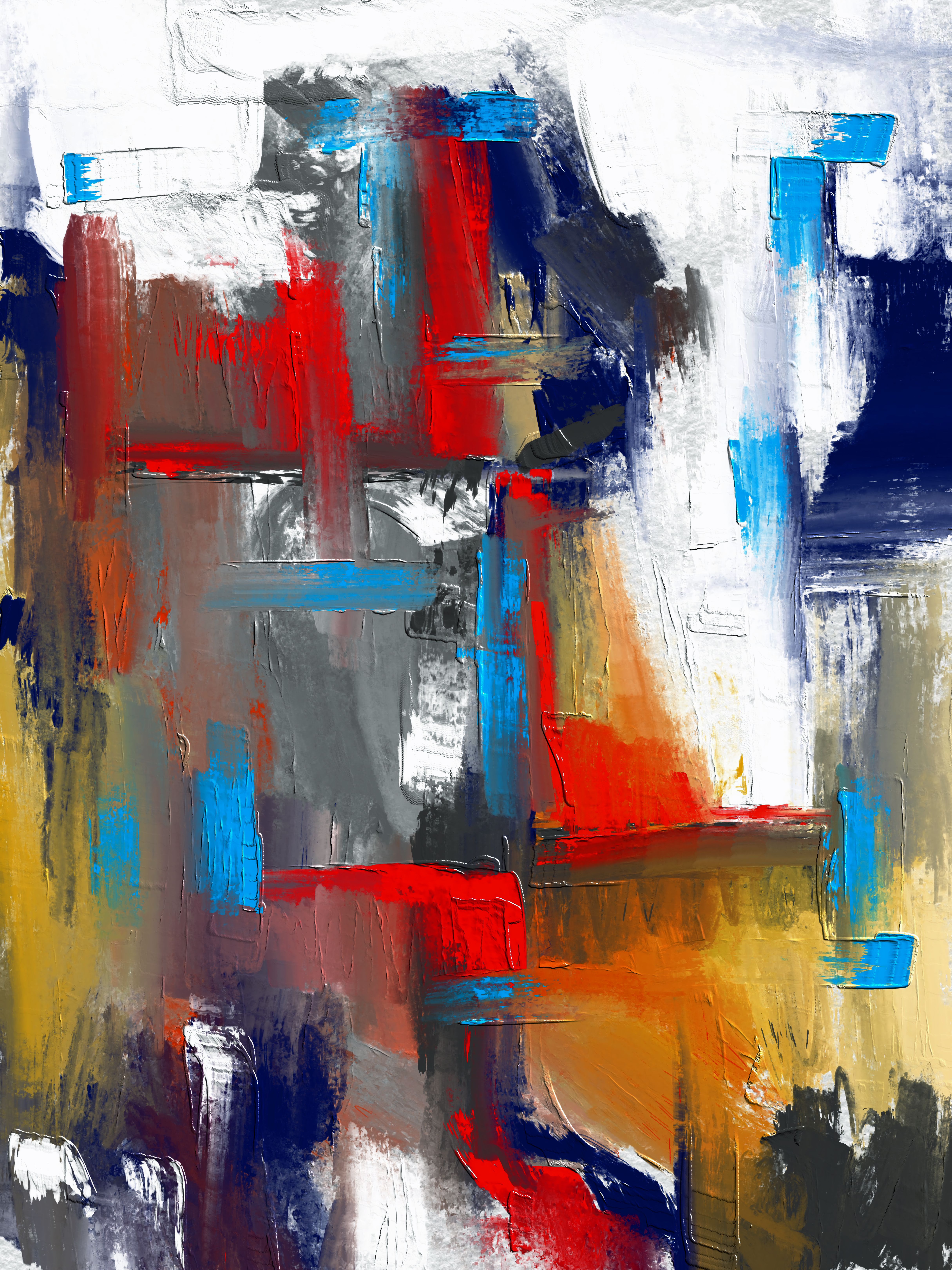 Bold abstract painting featuring vibrant reds, blues, and yellows.