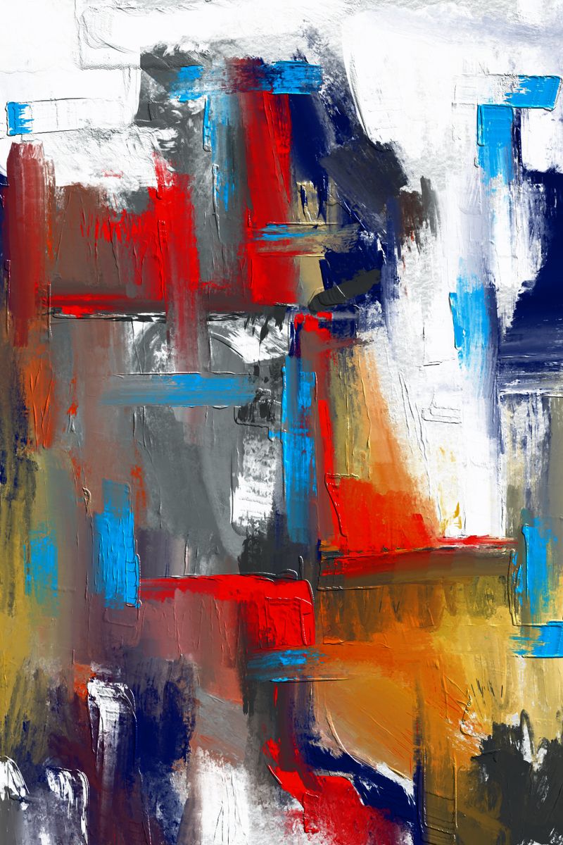 Bold abstract painting featuring vibrant reds, blues, and yellows.